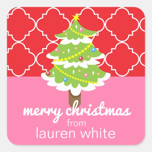 ピンクと赤のクリスマスツリーのギフトシール スクエアシール (正面)