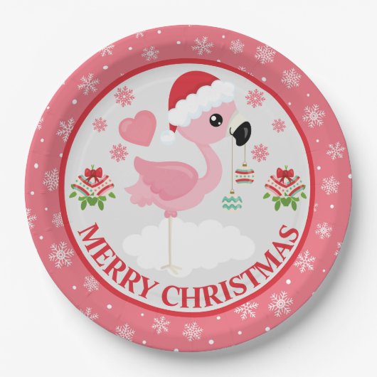 ピンクと赤のクリスマスフラミンゴ冬のミトン ペーパープレート (正面)