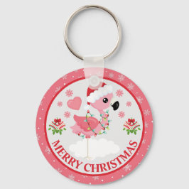 ピンクと赤のクリスマスフラミンゴ冬 キーホルダー