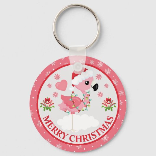 ピンクと赤のクリスマスフラミンゴ冬 キーホルダー (正面)