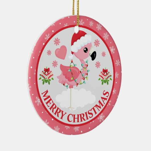 ピンクと赤のクリスマスフラミンゴ冬 セラミックオーナメント (右)