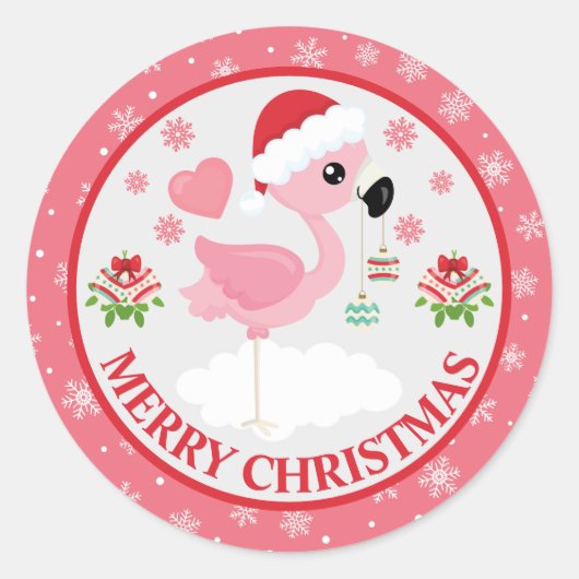 ピンクと赤のクリスマスフラミンゴ冬 ラウンドシール (正面)