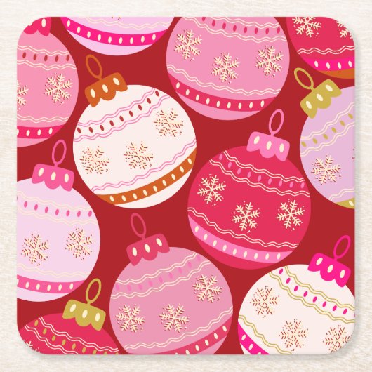 ピンクと赤のクリスマスボードブル スクエアペーパーコースター (正面)