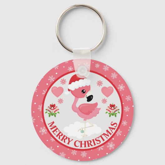 ピンクと赤のクリスマス フラミンゴ 冬 キーホルダー (正面)