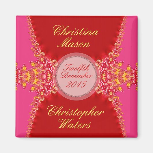 ピンクと赤のサテン+レースのウェディングギフト マグネット (正面)