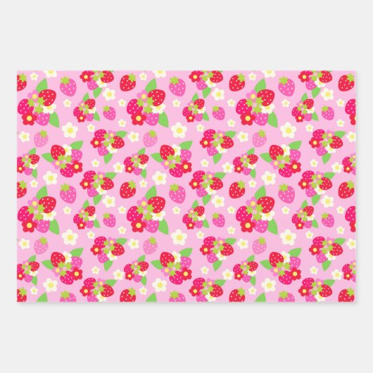 ピンクと赤のサマーイチゴと花 ラッピングペーパーシート (正面3)