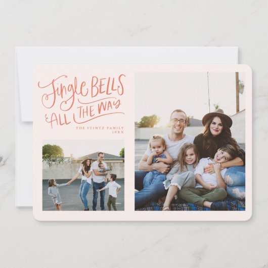 ピンクと赤のジンルベルホリデーフォトカード 招待状 (正面)