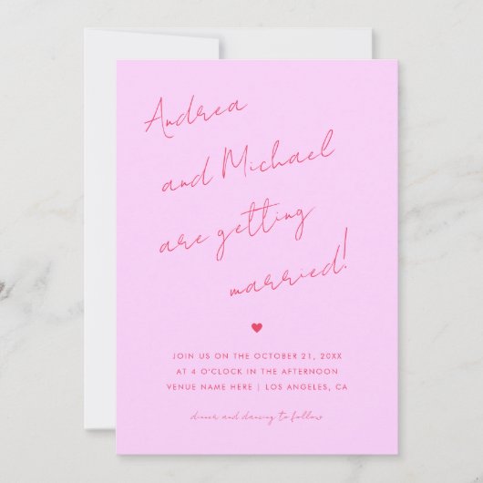 ピンクと赤のスクリプトハート写真&ウェブサイ結婚ト 招待状 (正面)