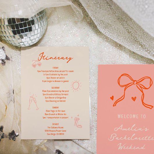 ピンクと赤のスケッチバチェロレッテの週末の日程 招待状