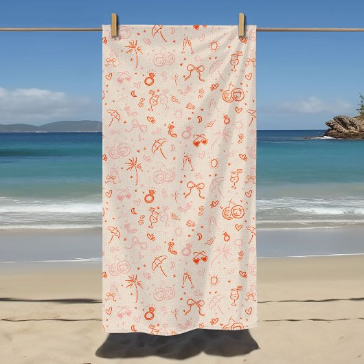 ピンクと赤のスケッチバチェロレッテ週末パーティー ビーチタオル
