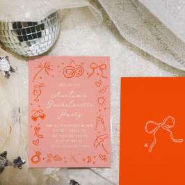 ピンクと赤のスケッチバチェロレッテ週末パーティー 招待状