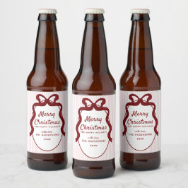 ピンクと赤のストライプとリボンのフレーム クリスマス ビールラベル