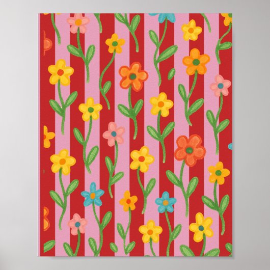 ピンクと赤のストライプにカラフルな花 ポスター (正面)