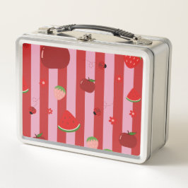 ピンクと赤のストライプにフルーツ柄 メタルランチボックス