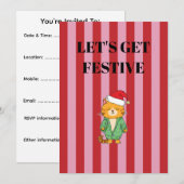 ピンクと赤のストライプのクリスマス猫 招待状 (正面/裏面)