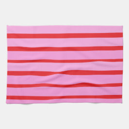 ピンクと赤のストライプ キッチンタオル