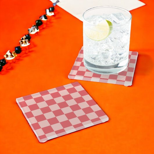 ピンクと赤のチェックのギンガムパターン ガラスコースター