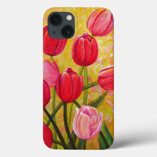 ピンクと赤のチューリップの静かな絵画生活 iPhone 13ケース