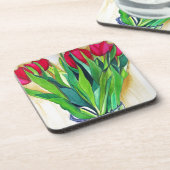 ピンクと赤のチューリップ水彩画 コースター (左側)
