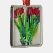 ピンクと赤のチューリップ水彩画 メタルオーナメント (右)