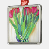 ピンクと赤のチューリップ水彩画 メタルオーナメント (左)