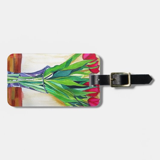 ピンクと赤のチューリップ水彩画 ラゲッジタグ (正面横)