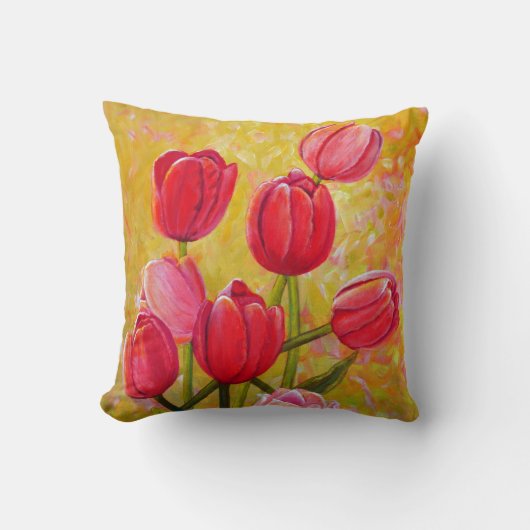 ピンクと赤のチューリップ絵画ズ クッション (正面)