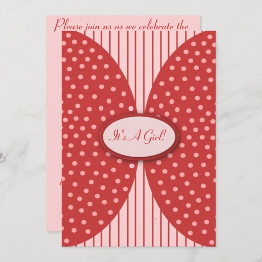 ピンクと赤のドットのストライプベビーシャワー招待状 招待状 (正面/裏面)