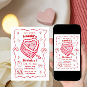 ピンクと赤のハートケーキのバースデー - 年齢不問 招待状