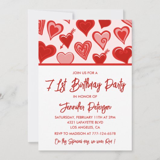 ピンクと赤のハート柄 シンプル 71歳の誕生日 招待状 (正面)