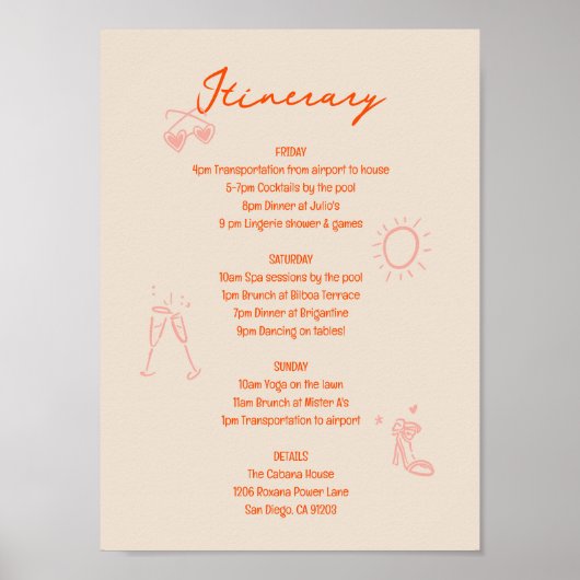 ピンクと赤のバチェロレット週末の旅程の標識 ポスター (正面)