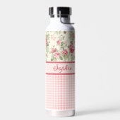 ピンクと赤のバラとギンガムチェックモノグラムの ウォーターボトル (左面)