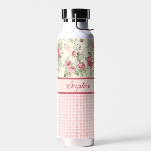 ピンクと赤のバラとギンガムチェックモノグラムの ウォーターボトル (左面)