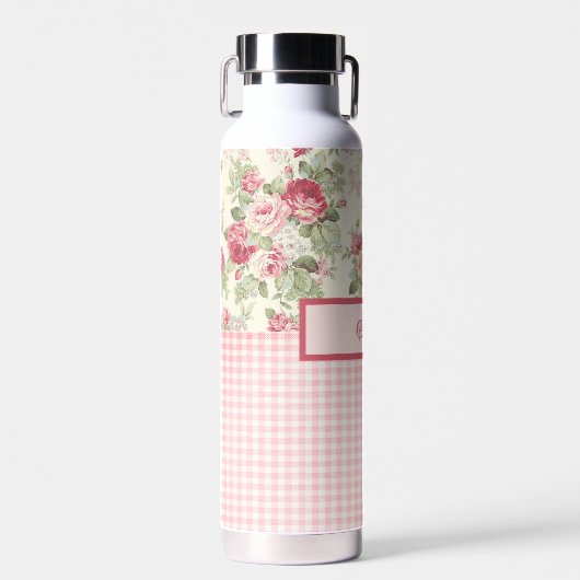 ピンクと赤のバラとギンガムチェックモノグラムの ウォーターボトル (正面)