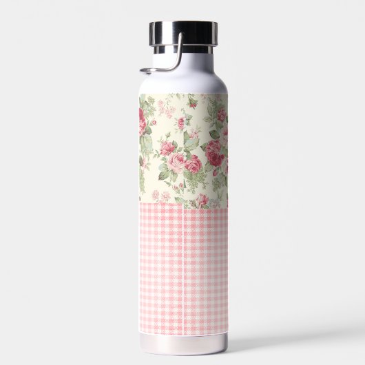 ピンクと赤のバラとギンガムチェックモノグラムの ウォーターボトル (右面)