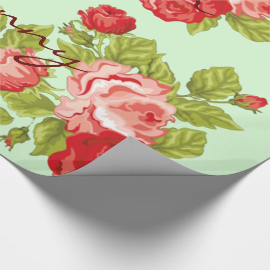 ピンクと赤のバラとラッピング名前をカスタムする ラッピングペーパー (角)