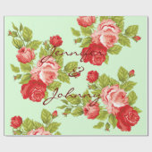 ピンクと赤のバラとラッピング名前をカスタムする ラッピングペーパー (フラット)