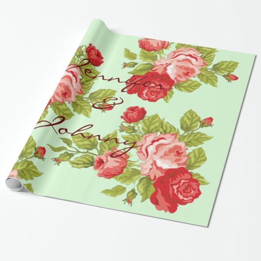 ピンクと赤のバラとラッピング名前をカスタムする ラッピングペーパー (アンロールド)