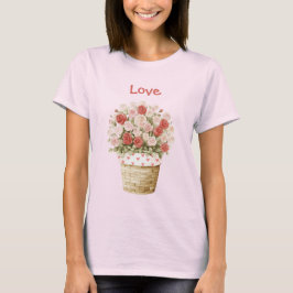ピンクと赤のバラの花とハートのバスケット Tシャツ