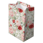 ピンクと赤のバラの花のブライズシャワー ミディアムペーパーバッグ (裏面アングル)