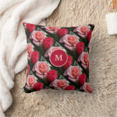 ピンクと赤のバラの花柄オリジナルモノグラム クッション (ブランケット)