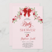 ピンクと赤のバレンタインの赤ちゃんシャワー女の子 招待状 (正面/裏面)