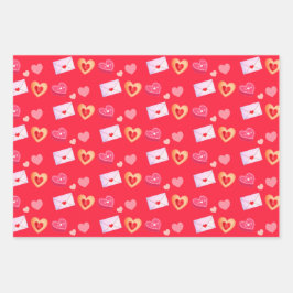 ピンクと赤のバレンタインデーのトリート&ラブレター ラッピングペーパーシート