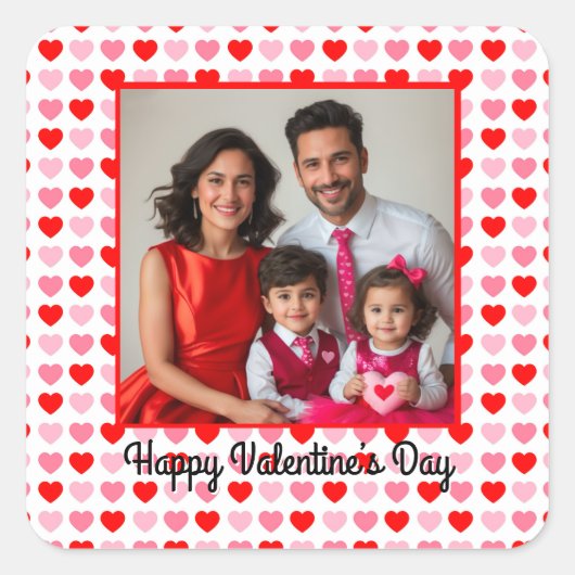 ピンクと赤のバレンタインハート柄カスタム写真 スクエアシール (正面)