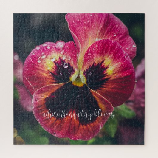 ピンクと赤のパンジーの花で雨粒が覆われている ジグソーパズル (縦)