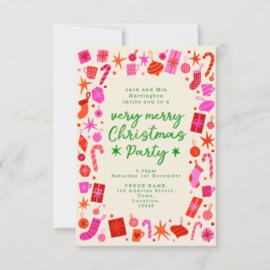 ピンクと赤のフェスティバルクリスマスパーティー招待状 招待状 (正面)