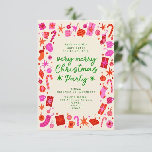 ピンクと赤のフェスティバルクリスマスパーティー招待状 招待状 (スタンド正面)