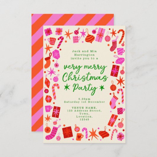 ピンクと赤のフェスティバルクリスマスパーティー招待状 招待状 (正面/裏面)
