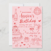 ピンクと赤のフェミニン誕生日パーティーへの招待 招待状 (正面)