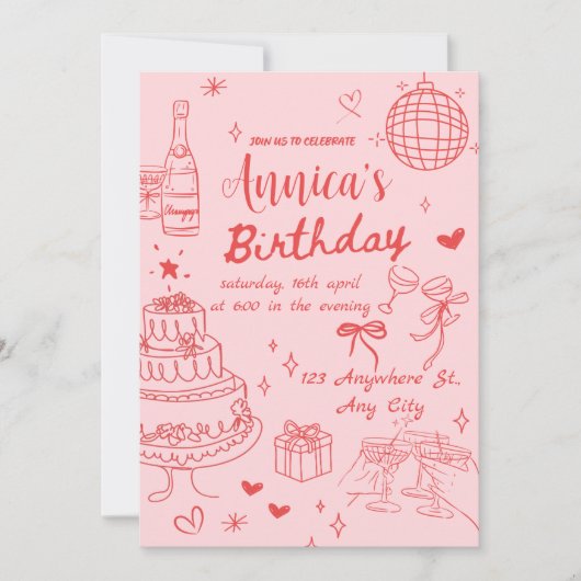 ピンクと赤のフェミニン誕生日パーティーへの招待 招待状 (正面)